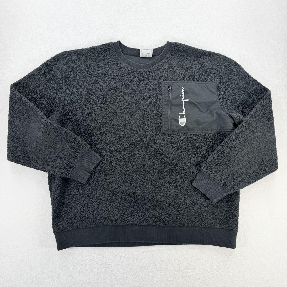 Champion Sweatshirt Mens XL Gray Sherpa Fleece Pullover Chest Pocket Logo - Picture 1 of 16
